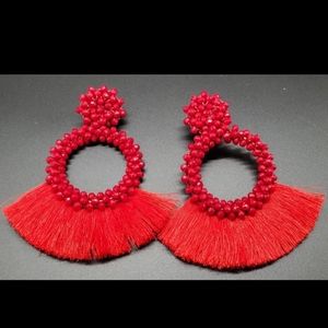 Red fringe beaded earrings